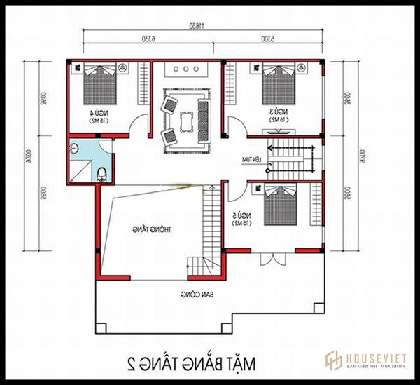 Diện tích tầng 2 có 3 phòng ngủ, nhà có khu nghỉ ngơi rộng rãi thoải mái.