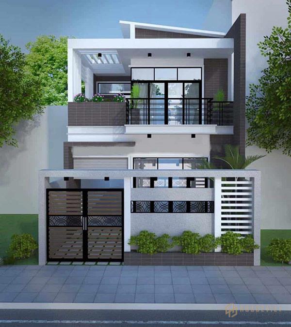 Mẫu thiết kế nhà 2 tầng mặt tiền 8m sử dụng tông màu trung tính sang trọng, cao cấp.