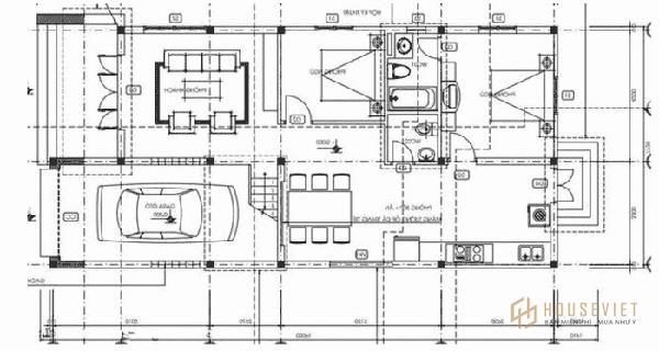 Bản vẽ thiết kế nhà 2 tầng 80m2 có phòng khách, bếp, khu sinh hoạt chung được phân chia rõ ràng.