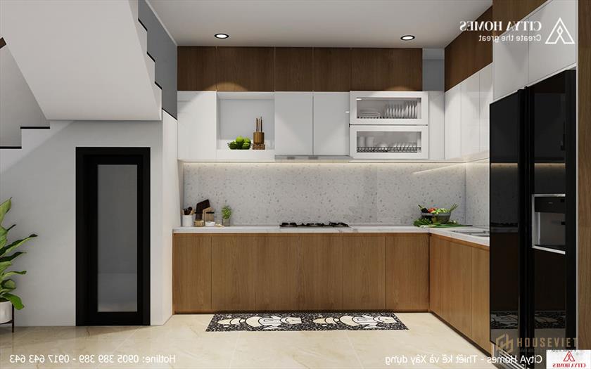 Mặt bếp với gam màu nhẹ nhàng với đá thạch anh xám trắng