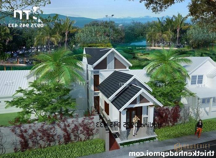 Phối cảnh theo mặt chim công của mẫu nhà phố 1 tầng có gác lửng mặt tiền 5m đẹp hình chữ L mái thái lợp ngói màu xám