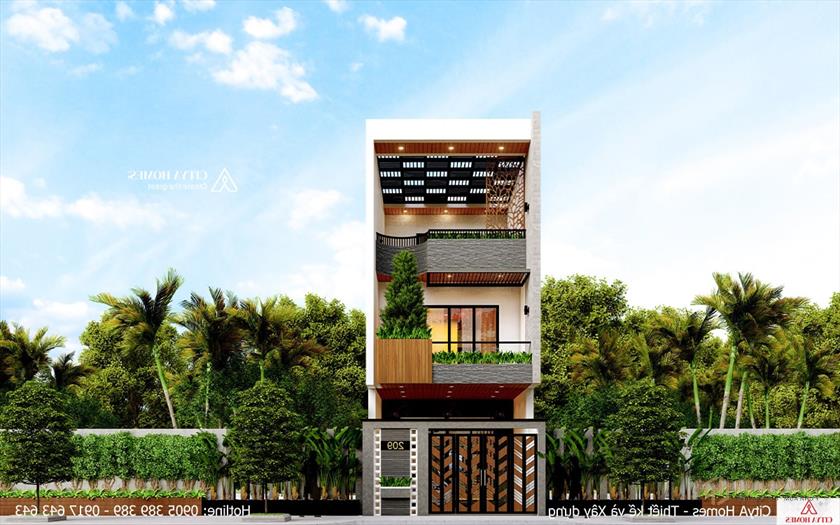 Phối cảnh mặt tiền mẫu nhà phố 2 tầng 1 tum đẹp