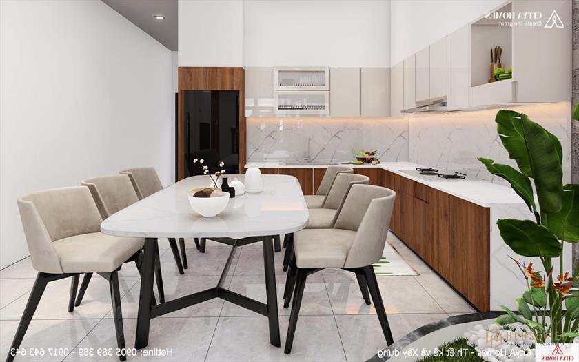 Phòng bếp sáng sủa với tông màu sáng trắng sạch sẽ