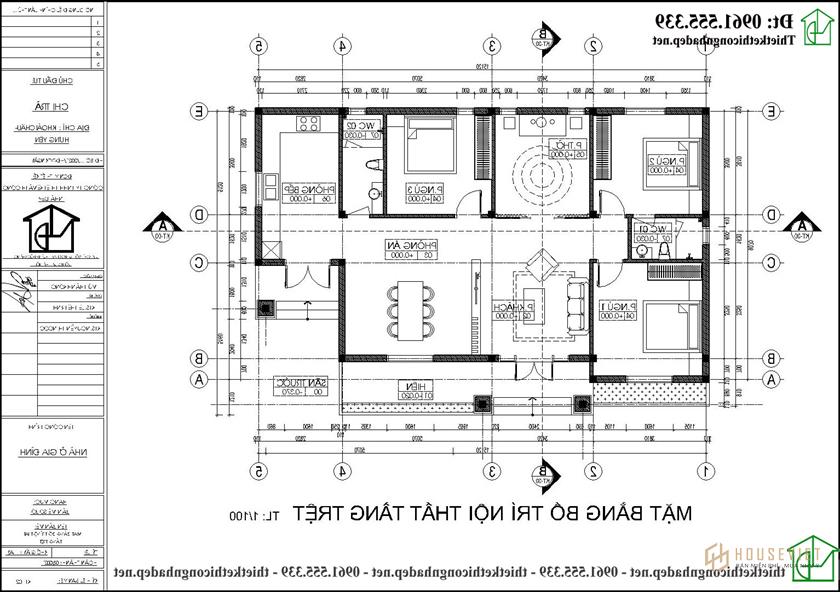 Phương án nội thất nhà vườn 1 tầng 3 phòng ngủ đẹp NDBT1T123