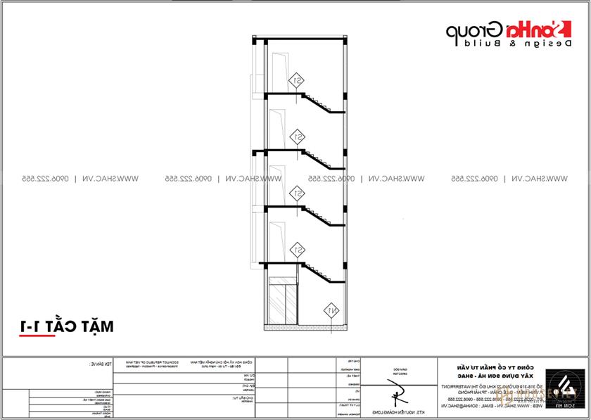 Trực tiếp  Mặt cắt 1-1 mẫu thiết kế nhà phố 5 tầng tại Hải Phòng