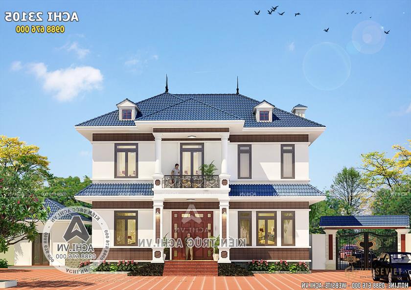 Phối cảnh 3D mặt tiền mẫu biệt thự 2 tầng mái thái đẹp - Mã số: ACHI 23105 Phối cảnh 3D mặt tiền mẫu biệt thự 2 tầng mái thái đẹp - Mã số: ACHI 23105