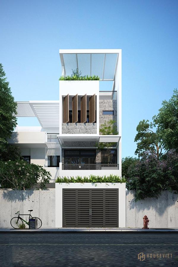Mặt tiền nhà ống đơn giản với các khung cửa mở đón ánh sáng độc đáo