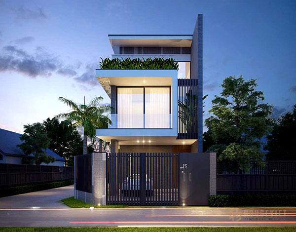 Nhà ống 2 tầng mặt tiền 5m sử dụng ô cửa lớn và cây xanh tự nhiên