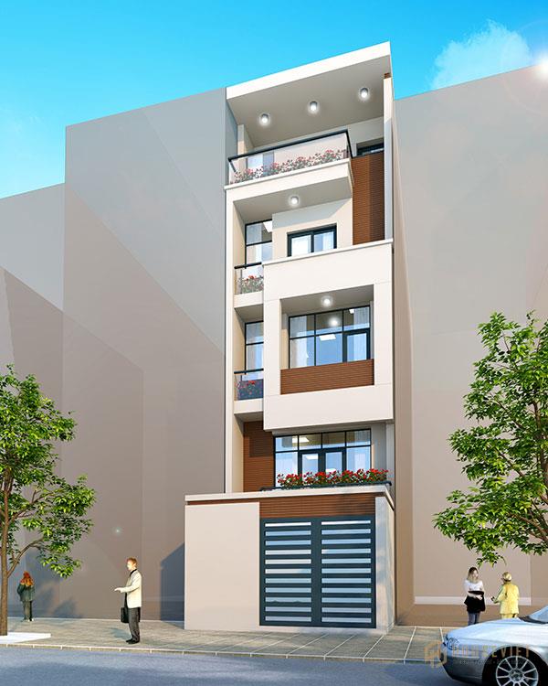 Nhà lệch tầng 5x15 có mặt tiền kết hợp màu sắc giữa gam nâu nhạt và trắng