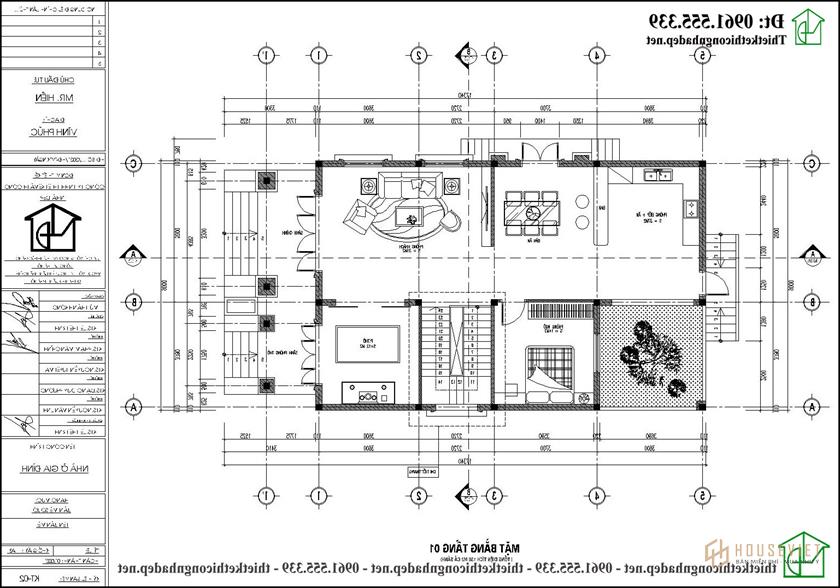 Mặt bằng nội thất tầng 1 biệt thự tân cổ điển 2 tầng mái thái 9x17m NDBT2T123 kiểu Nhật