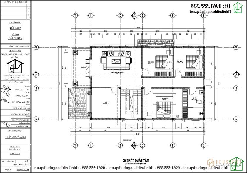 Mặt bằng nội thất tầng 2 mẫu biệt thự tân cổ điển 2 tầng mái thái 9x17m NDBT2T123 kiểu Nhật