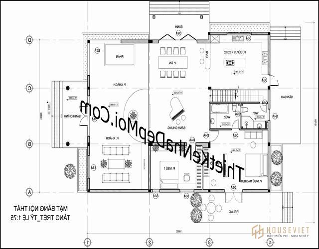 Bản vẽ nhà có gác lửng 5 phòng ngủ