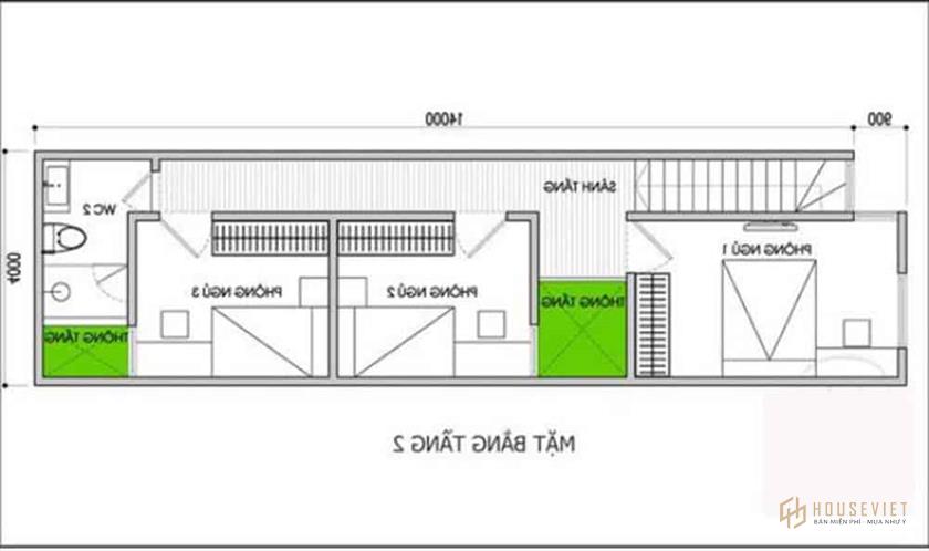 Mặt bằng tầng 2 mẫu 1 Mặt bằng tầng 2 mẫu nhà ống 1 tầng 50m2