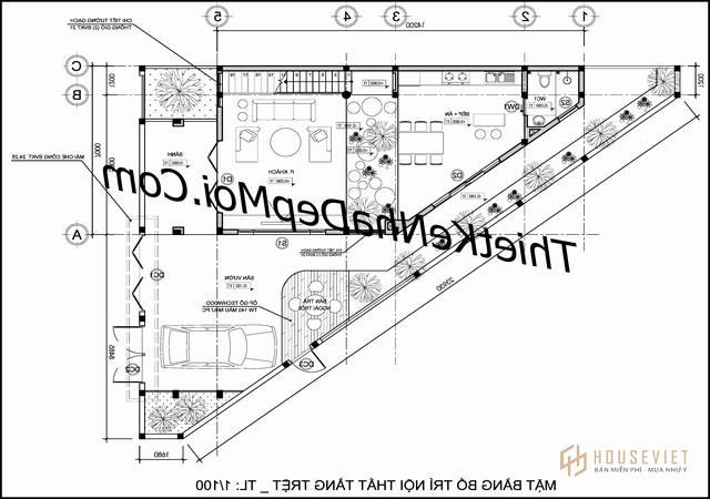 Bản vẽ mặt bằng biệt thự hình tam giác