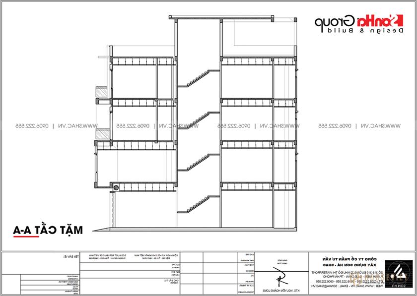 Mặt cắt AA trong thiết kế nhà phố 80m2 hiện đại tại Hải Phòng 