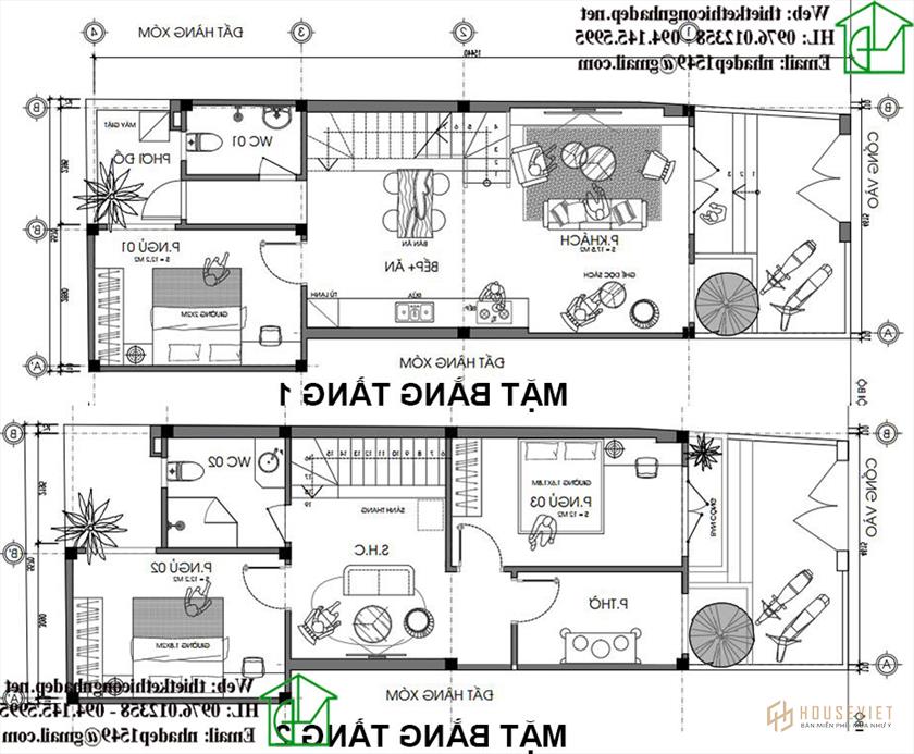 Mặt bằng nội thất nhà phố 2 tầng hiện đại NDNP2T6