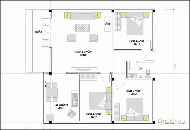 mẫu nhà cấp 4 3 phòng ngủ mái bằng