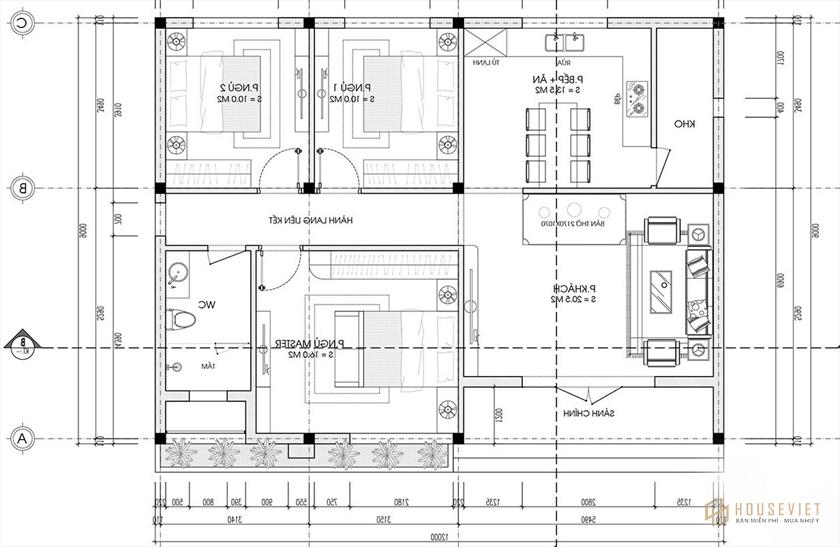 mẫu nhà cấp 4 3 phòng ngủ mái bằng