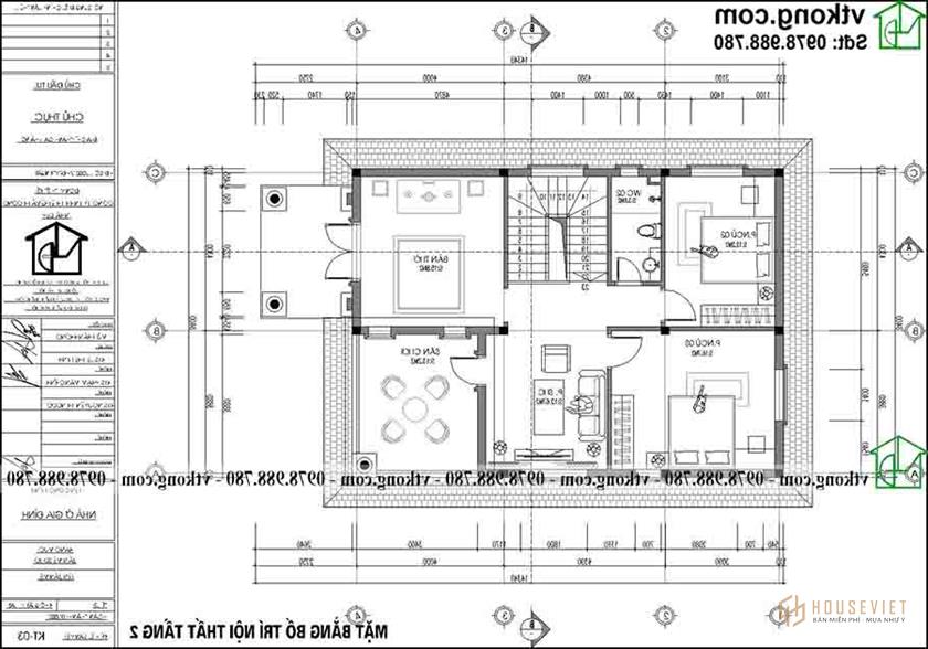 Mặt bằng công năng tầng 2 mẫu biệt thự tân cổ điển sang trọng BT2T69