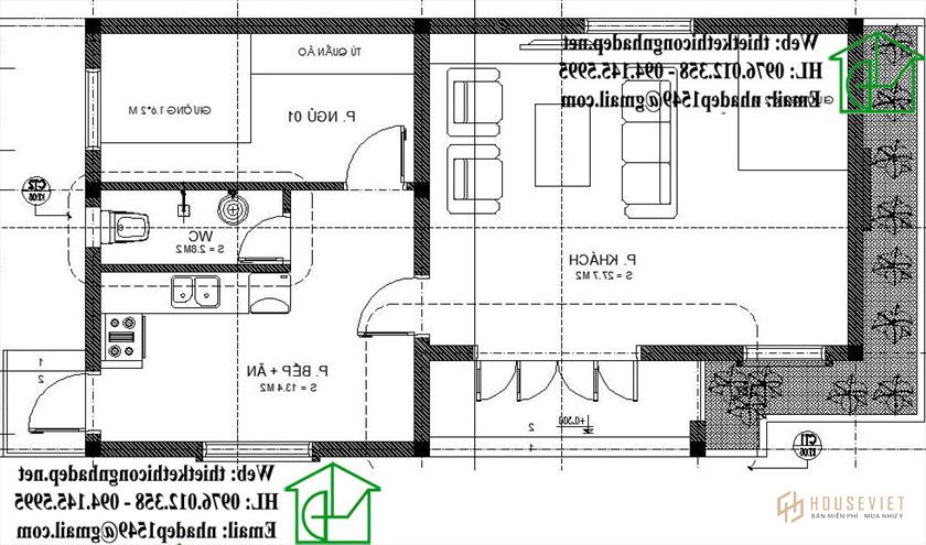 Bản vẽ mặt bằng mẫu nhà cấp 4 giá rẻ 7x11m NDNC433