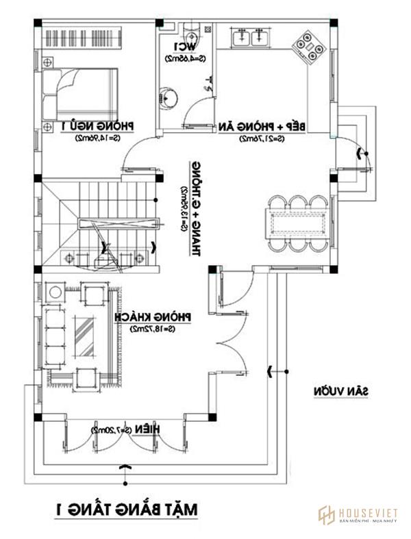 Bản vẽ nhà 2 tầng 4 phòng ngủ gồm phòng khách, bếp, phòng ngủ