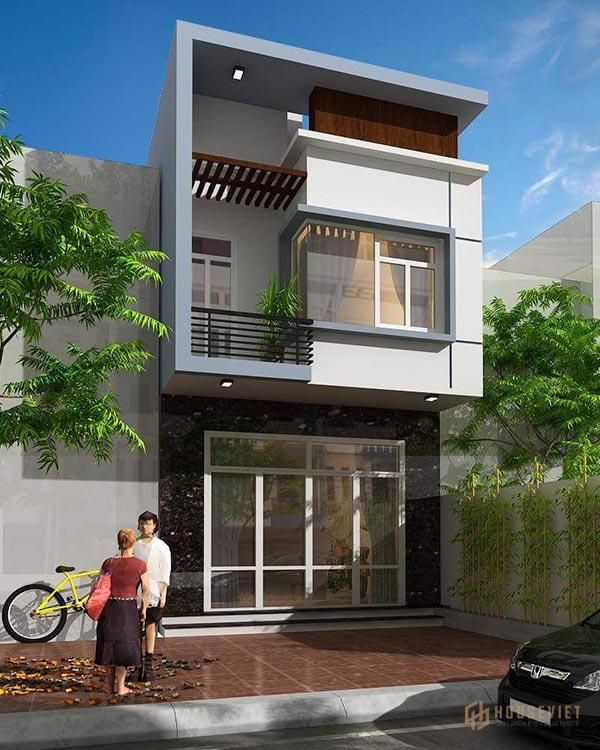 Mặt tiền mẫu nhà 2 tầng sử dụng cửa kính, gam màu ấn tượng