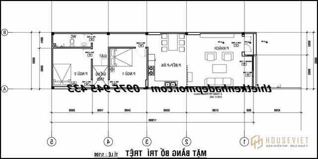Bản vẽ nhà 1 tầng 5x20 2 phòng ngủ 300 triệu