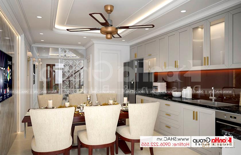 Bếp ăn hiện đại và sang trọng trong thiết kế nhà ống mặt tiền 4m tại Hải Dương 