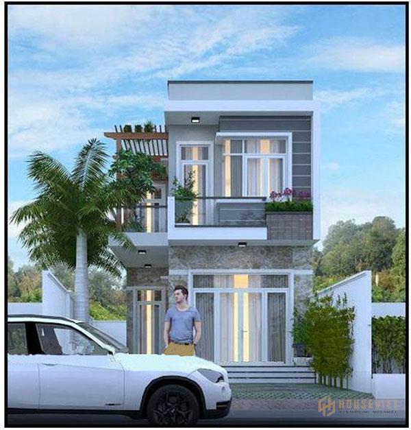 Mẫu nhà 2 tầng 3 phòng ngủ sử dụng cửa kính rộng thoáng mang đến không gian thoáng mát.