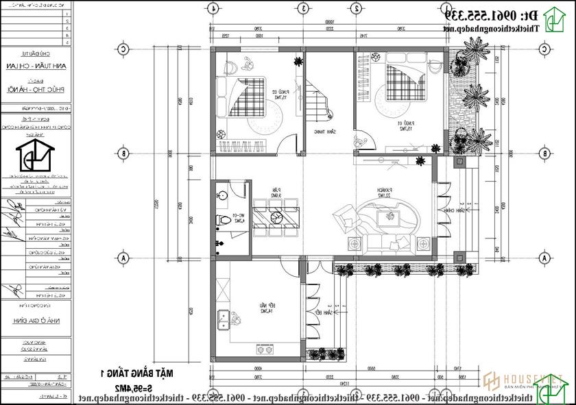 Mặt bằng nội thất tầng 1 mẫu nhà biệt thự 2 tầng 3 phòng ngủ 13x10m ndbt2t111