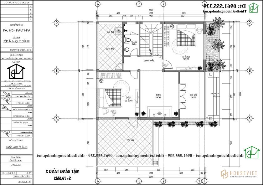 Mặt bằng nội thất biệt thự tầng 2 2 tầng 3 phòng ngủ 13x10m ndbt2t111