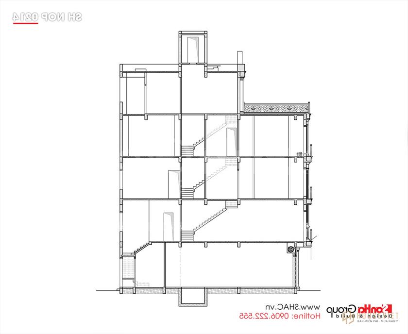 Mặt cắt AA thiết kế nhà ống tân cổ điển kết hợp kinh doanh 5 tầng tại Lạng Sơn 