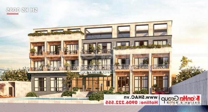 Mặt tiền khách sạn hiện đại, thiết kế đơn giản nhưng rất có chiều sâu 