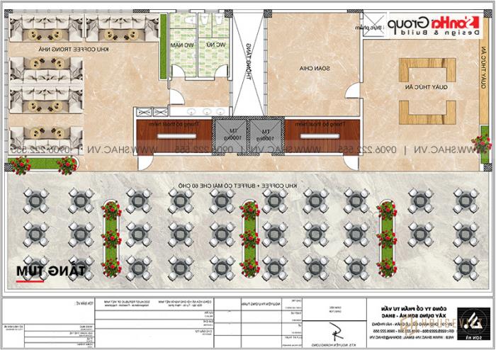 Bản vẽ bố trí mặt bằng tầng tum khách sạn 3 sao hiện đại tại Bình Thuận 