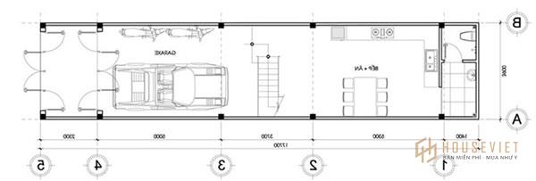 Mẫu thiết kế nhà được bố trí bếp cùng với gara giúp tiết kiệm diện tích sử dụng hiệu quả