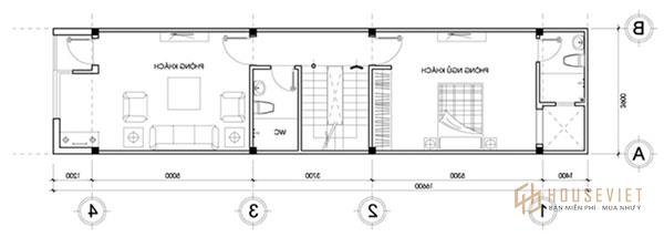 Bản vẽ thiết kế nhà 3 tầng có tầng 2 gồm phòng khách và phòng ngủ cho khách.