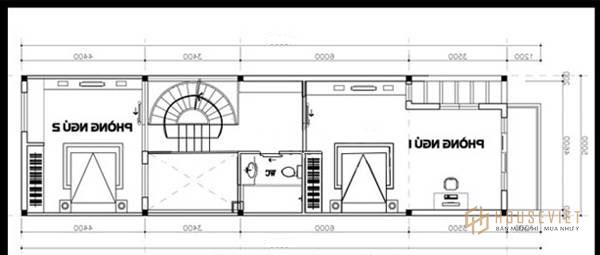 Bản vẽ thiết kế nhà diện tích 5x16m bố trí tầng 2 gồm 2 phòng ngủ.