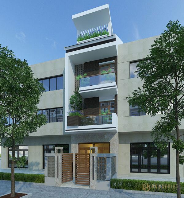 Màu xanh thiên nhiên hài hòa với lan can kính tạo nên mẫu nhà 3 tầng diện tích 5x16m