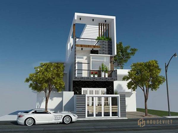 Mẫu nhà ống 3 tầng 5m đẹp sử dụng gam màu trắng tinh tế với mái lệch độc đáo tạo nên mặt tiền ngôi nhà cuốn hút.