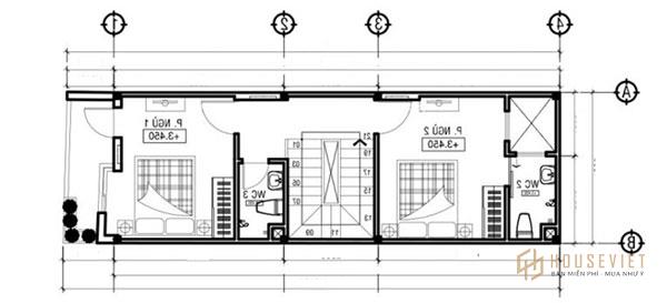 Tầng 2 của mẫu nhà ống 3 tầng 5x16m được bố trí 2 phòng ngủ với diện tích bằng nhau.