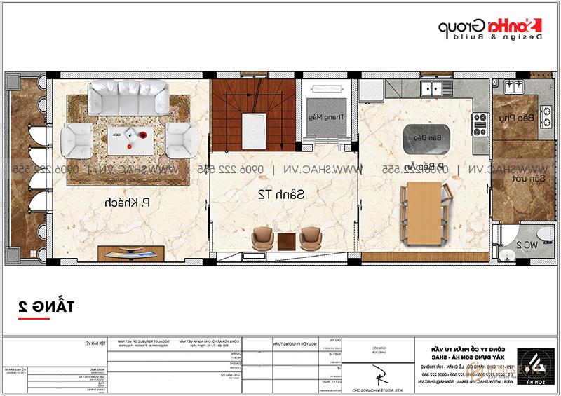Mặt bằng tầng 2 là nơi sinh hoạt chung của công trình nhà ống và kinh doanh hiện đại. 