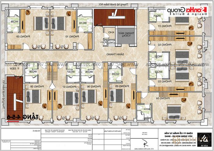 Mặt bằng công năng tầng 4 đến tầng 6 khách sạn 3 sao tân cổ điển tại Sơn La 