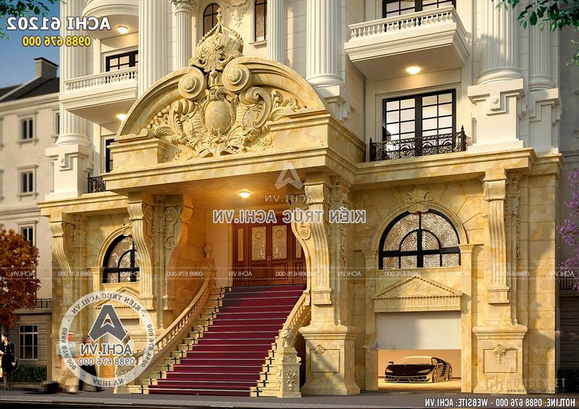 Cận cảnh không gian ngoại thất đồ sộ, đẳng cấp của tầng bán hầm và tầng 1 được ốp đá.