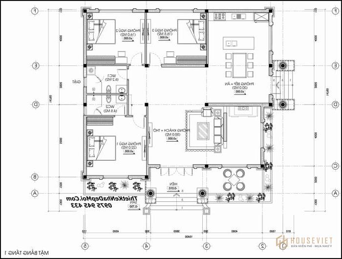 Bản vẽ nhà cấp 4 3 phòng ngủ kiểu nhật 