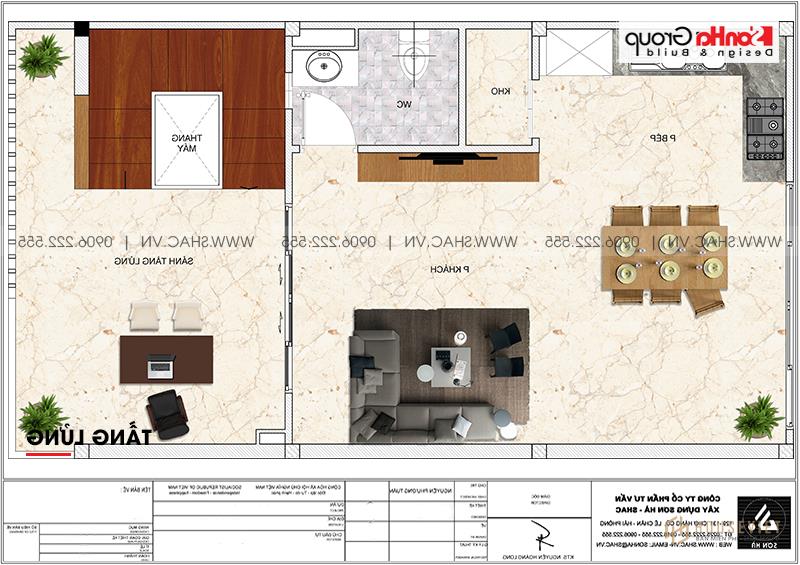 Thiết kế nhà ống hiện đại 1 trệt 2 lầu kết hợp văn phòng tại Tp Hồ Chí Minh – SH NOD 0224 55 Mặt bằng bố trí công năng tầng lửng nhà phố 3 tầng hiện đại kết hợp văn phòng