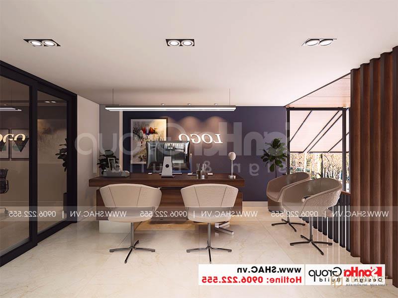 Thiết kế nhà ống hiện đại 1 trệt 2 lầu kết hợp văn phòng tại Tp Hồ Chí Minh – SH NOD 0224 71 Nội thất sảnh tầng lửng kết hợp quầy lễ tân văn phòng đẹp ấn tượng