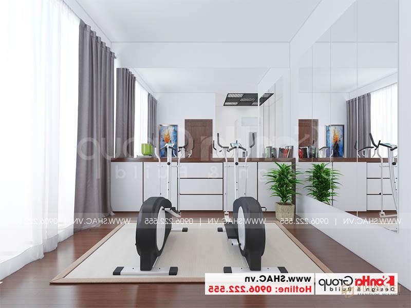 Thiết kế nhà ống hiện đại 1 trệt 2 lầu kết hợp văn phòng tại Tp Hồ Chí Minh – SH NOD 0224 72 Bố trí nội thất phòng thể thao thoáng đãng và tiện nghi ấn tượng