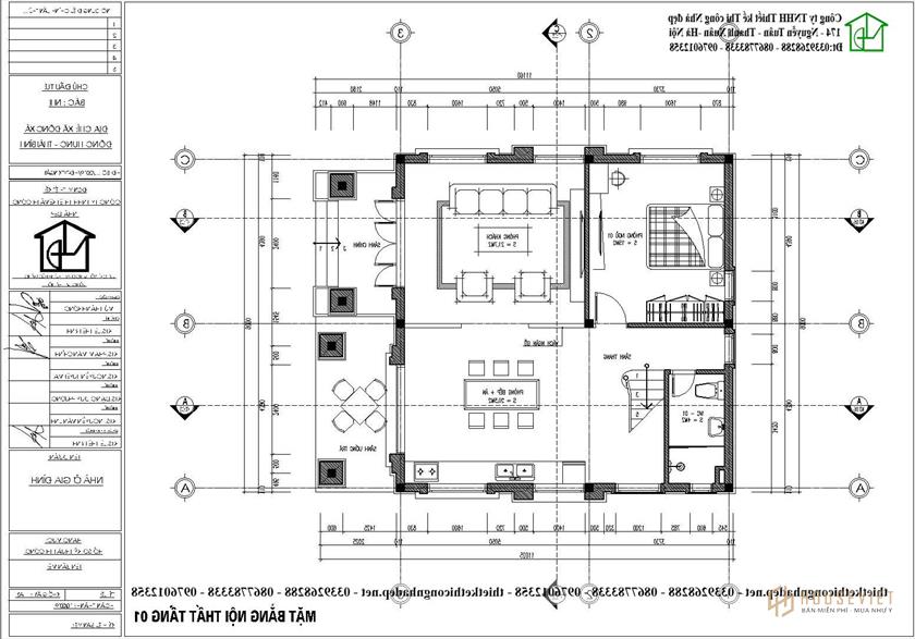 Bản vẽ mặt bằng tầng 1 mẫu nhà 2 tầng tân cổ điển 9x9m NDBT2T91