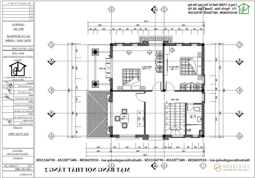 Mặt bằng tầng 2 mẫu nhà 2 tầng tân cổ điển 9x9m NDBT2T91