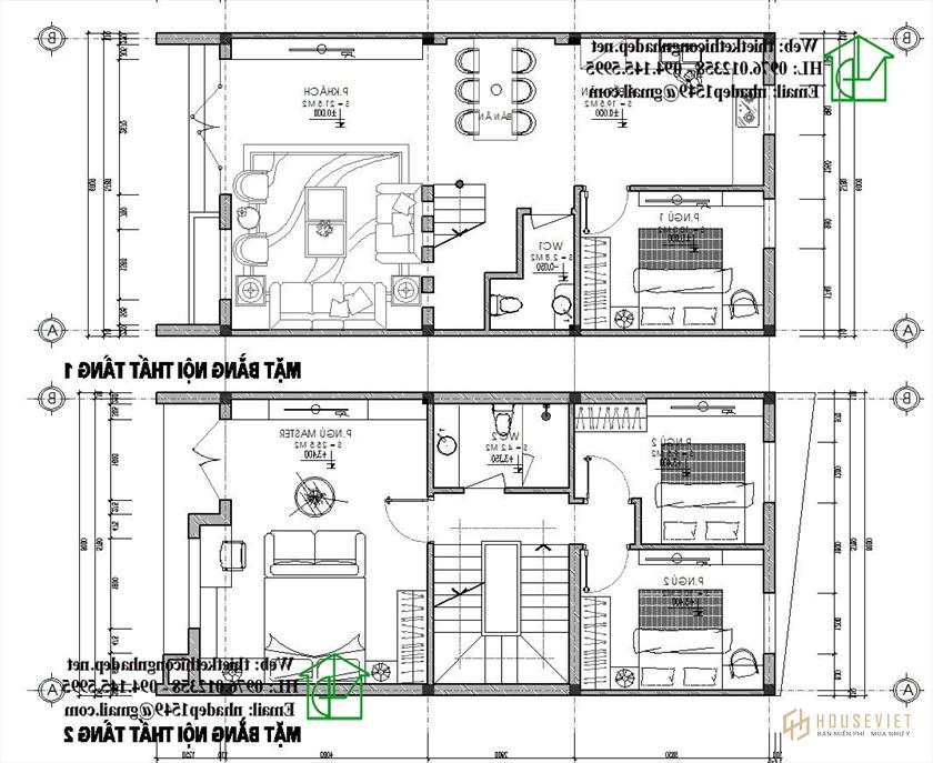 Mặt bằng tầng 1 và tầng 2 nhà phố 6x12m NDNP3T20